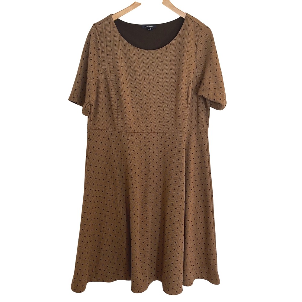 Lands' End Brown Polka Dot Career Casual Fit & Flare Knit Stretch Dress 1X